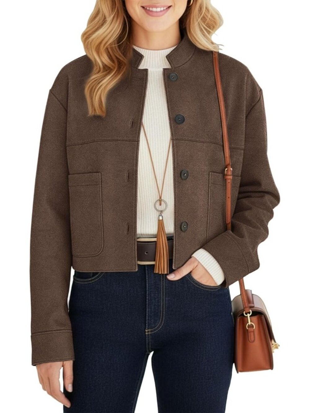 Women's Coffee Chic Faux Suede Oversized Button-Down Cropped Motorcycle Jacket